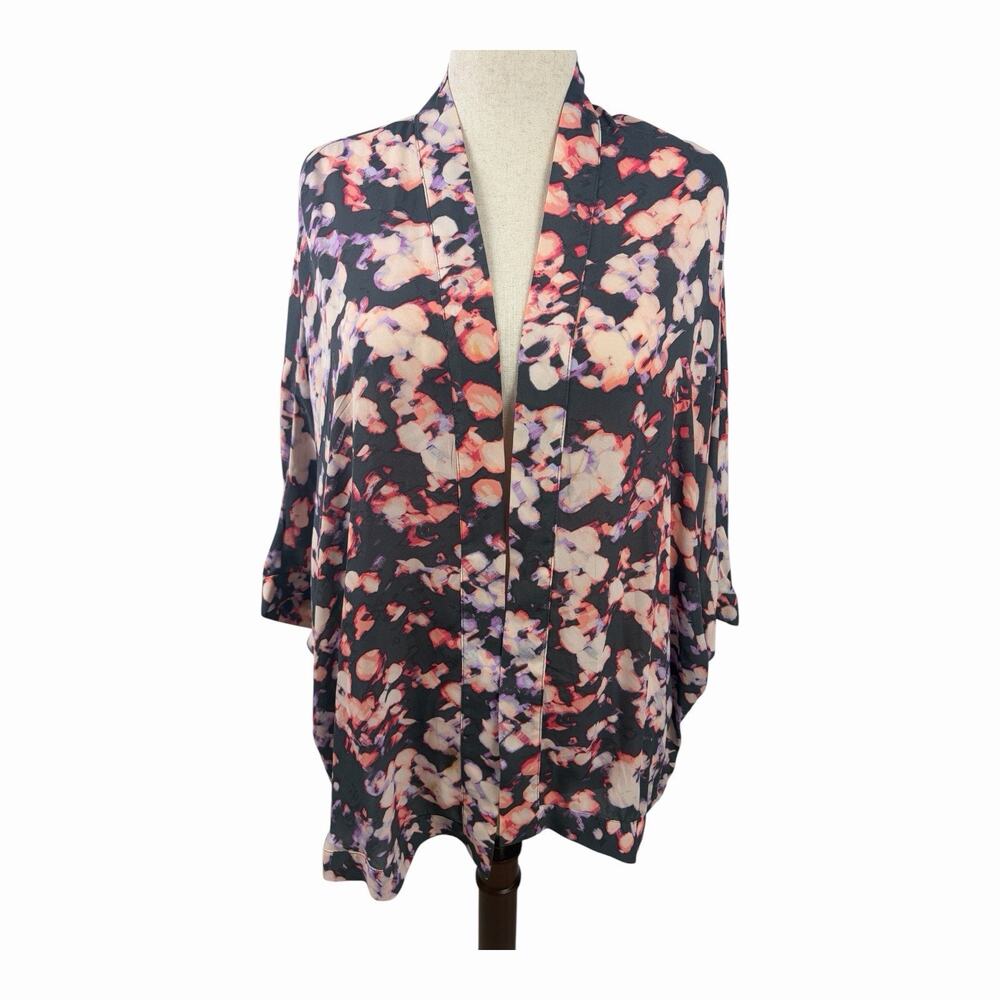 Apt 9 Womens Large Floral Kimono 3/4 Sleeves Black Pink Open Front Draped